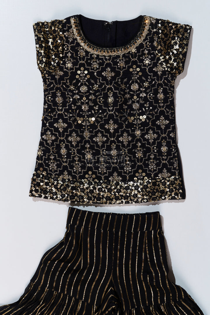 The Nesavu Girls Sharara / Plazo Set Girls Black Kurti Plazo Set with Sequined Embroidery and Tissue Silk Dupatta for Festive Occasions Nesavu Nesavu Girls Black Kurti Plazo Set Sequined Embroidery Tissue Silk Dupatta Festive Wear