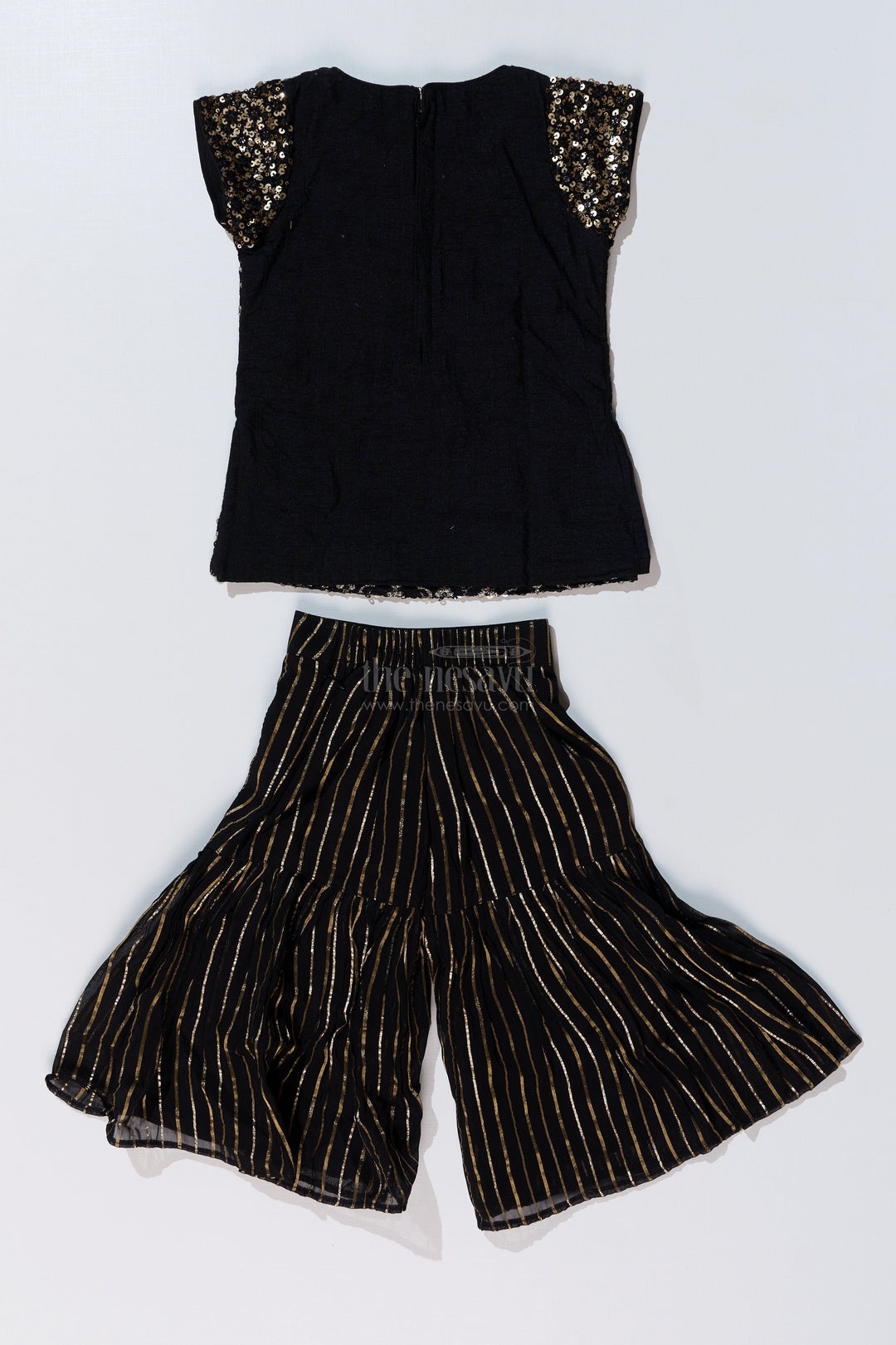 The Nesavu Girls Sharara / Plazo Set Girls Black Kurti Plazo Set with Sequined Embroidery and Tissue Silk Dupatta for Festive Occasions Nesavu Nesavu Girls Black Kurti Plazo Set Sequined Embroidery Tissue Silk Dupatta Festive Wear