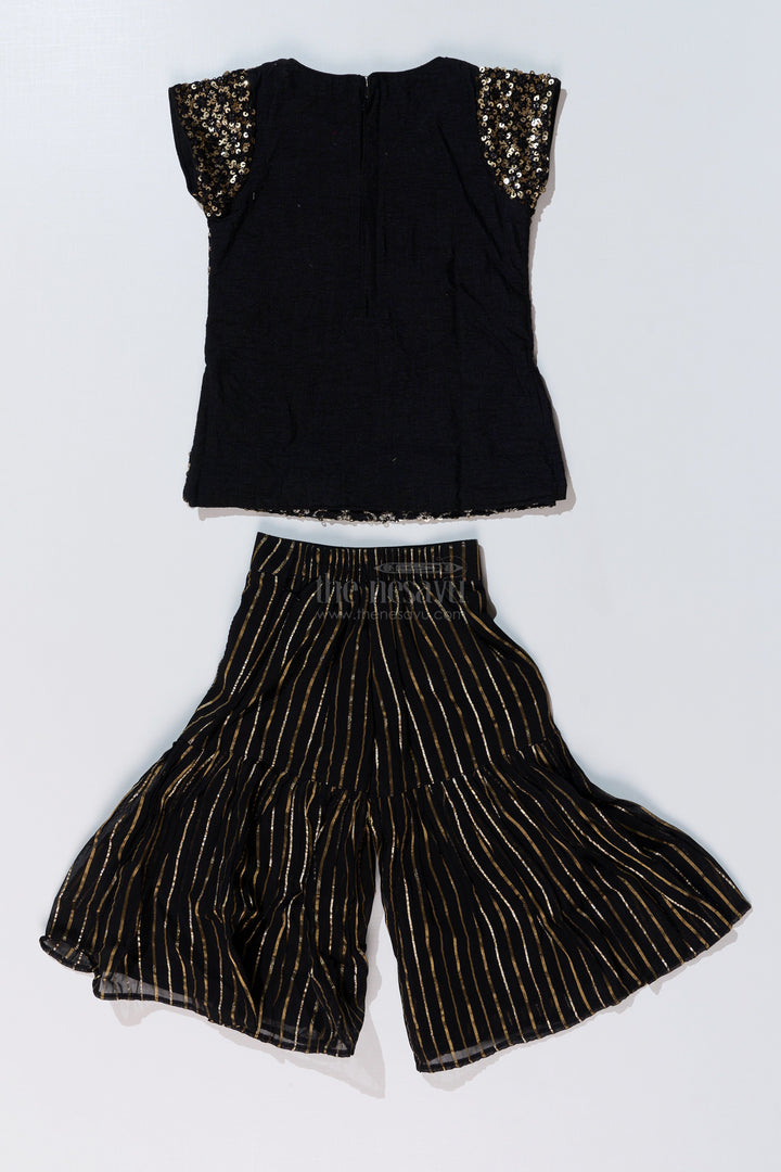 The Nesavu Girls Sharara / Plazo Set Girls Black Kurti Plazo Set with Sequined Embroidery and Tissue Silk Dupatta for Festive Occasions Nesavu Nesavu Girls Black Kurti Plazo Set Sequined Embroidery Tissue Silk Dupatta Festive Wear