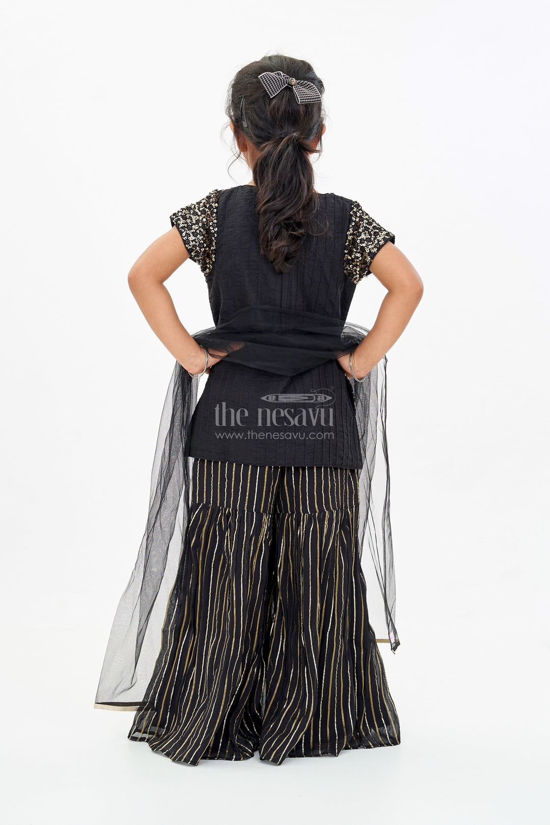 The Nesavu Girls Sharara / Plazo Set Girls Black Kurti Plazo Set with Sequined Embroidery and Tissue Silk Dupatta for Festive Occasions Nesavu Nesavu Girls Black Kurti Plazo Set Sequined Embroidery Tissue Silk Dupatta Festive Wear