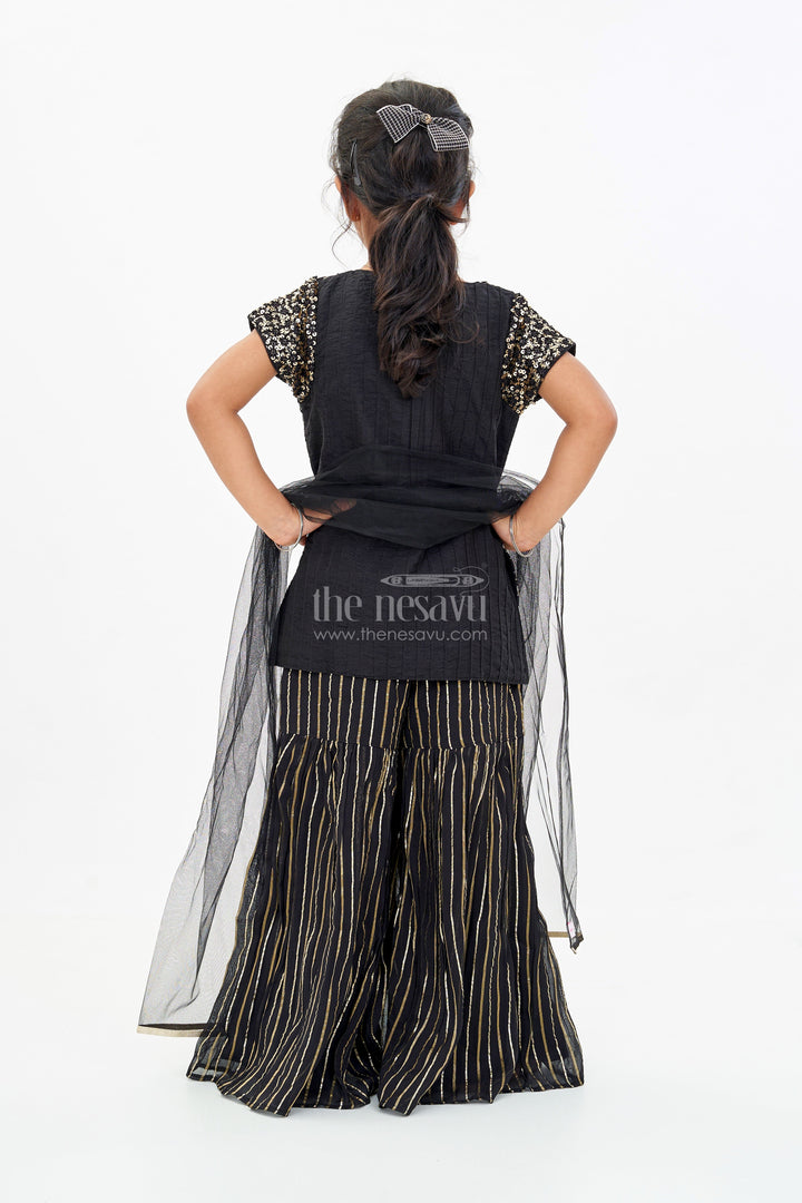The Nesavu Girls Sharara / Plazo Set Girls Black Kurti Plazo Set with Sequined Embroidery and Tissue Silk Dupatta for Festive Occasions Nesavu Nesavu Girls Black Kurti Plazo Set Sequined Embroidery Tissue Silk Dupatta Festive Wear