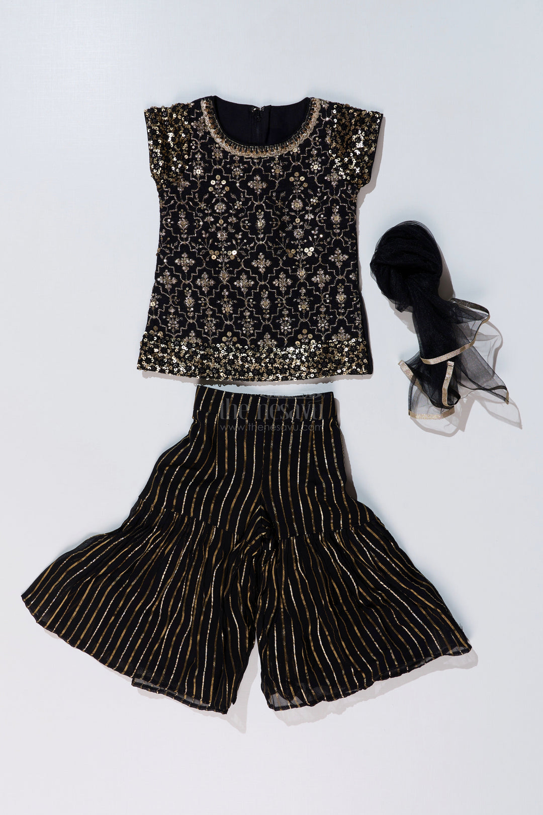 The Nesavu Girls Sharara / Plazo Set Girls Black Kurti Plazo Set with Sequined Embroidery and Tissue Silk Dupatta for Festive Occasions Nesavu Nesavu Girls Black Kurti Plazo Set Sequined Embroidery Tissue Silk Dupatta Festive Wear