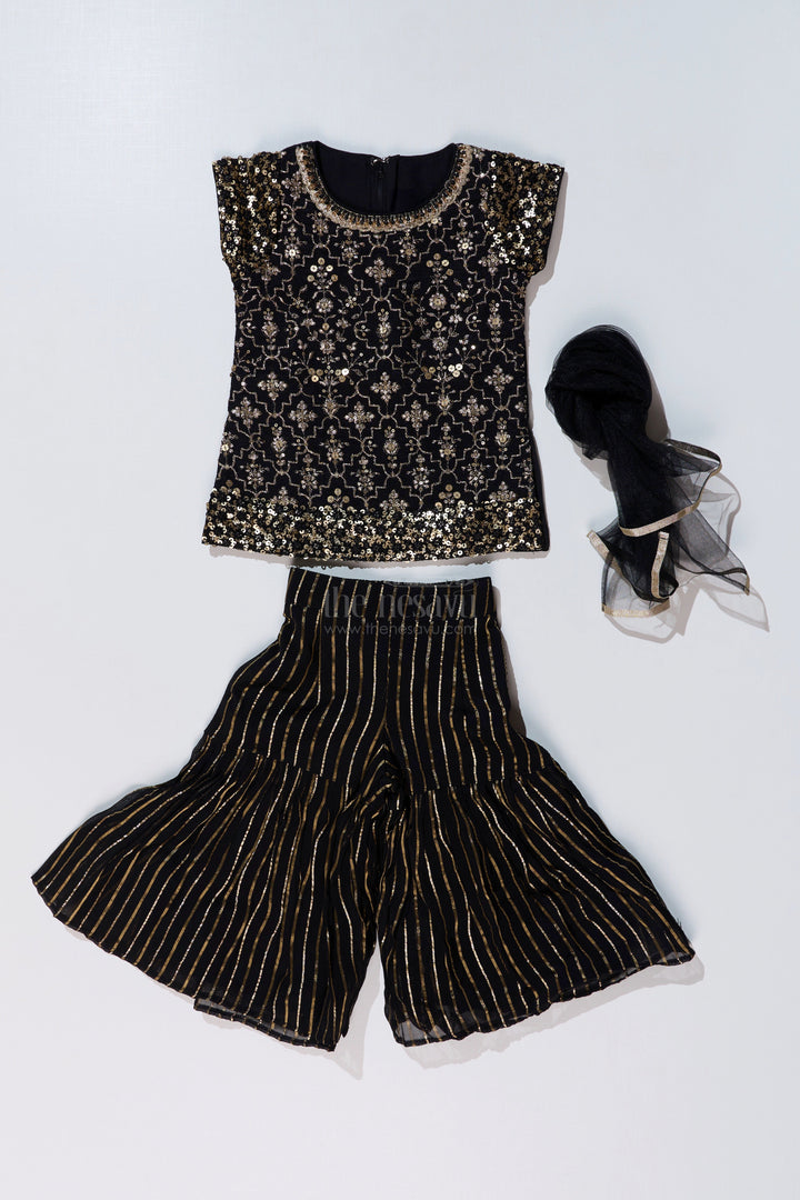 The Nesavu Girls Sharara / Plazo Set Girls Black Kurti Plazo Set with Sequined Embroidery and Tissue Silk Dupatta for Festive Occasions Nesavu Nesavu Girls Black Kurti Plazo Set Sequined Embroidery Tissue Silk Dupatta Festive Wear