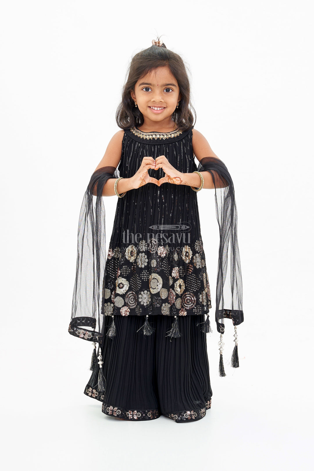 The Nesavu Girls Sharara / Plazo Set Girls Black Kurti with Plazo Featuring Gold Embroidery and Tassel Details Nesavu 16 (1Y) / Black GPS503A-16 Nesavu Girls Black Kurti Plazo Featuring Gold Embroidery Tassel Details