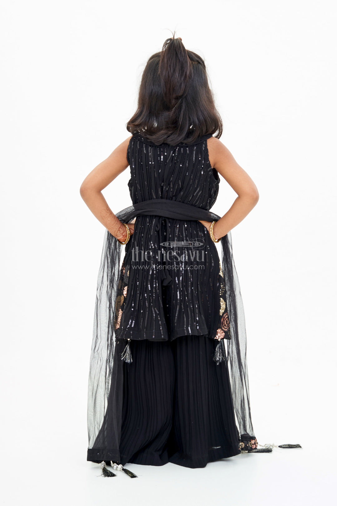The Nesavu Girls Sharara / Plazo Set Girls Black Kurti with Plazo Featuring Gold Embroidery and Tassel Details Nesavu Nesavu Girls Black Kurti Plazo Featuring Gold Embroidery Tassel Details