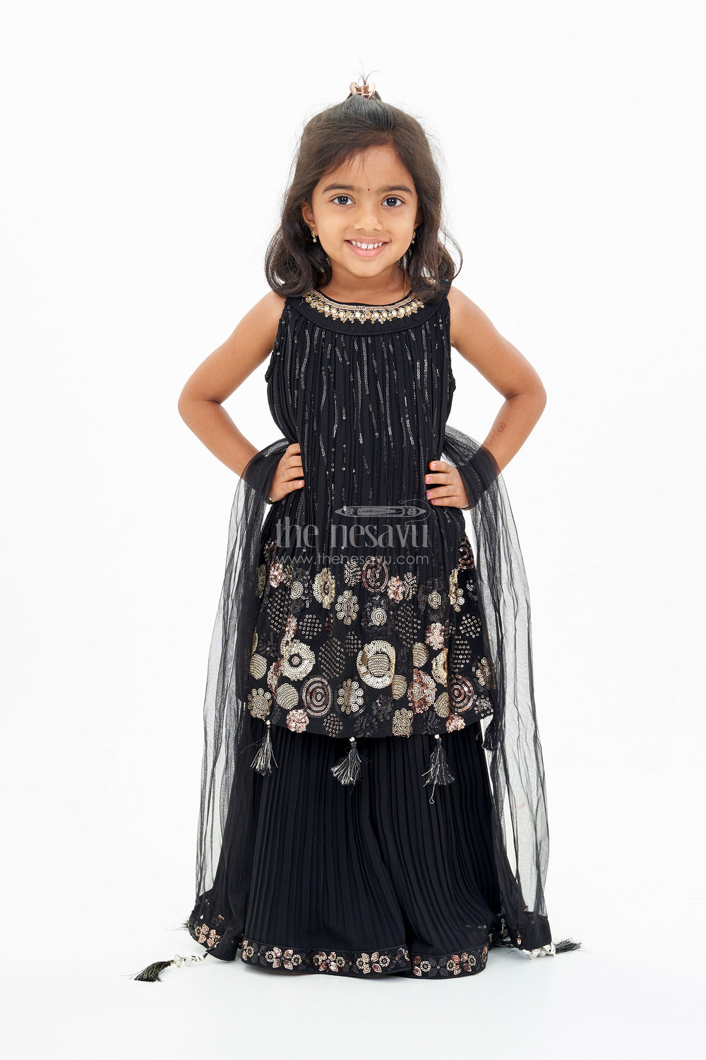 The Nesavu Girls Sharara / Plazo Set Girls Black Kurti with Plazo Featuring Gold Embroidery and Tassel Details Nesavu Nesavu Girls Black Kurti Plazo Featuring Gold Embroidery Tassel Details