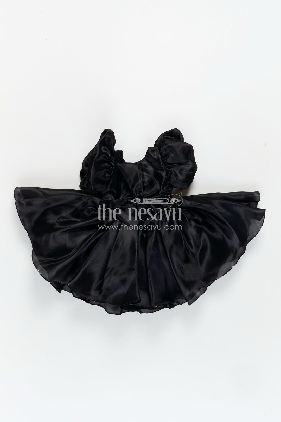 The Nesavu Girls Fancy Party Frock Girls Black Satin frock ke design new with Puffy Sleeves and Red Floral Accent for Stylish Comfort Nesavu Nesavu Girls Black Satin Puff Sleeve Dress Red Flower Detail frock ke design new Style
