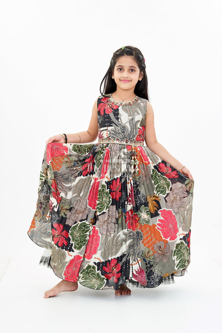 The Nesavu Girls Silk Gown Girls Black Sequin Evening Gown with Digital Floral Print and Embroidered Waist Belt Nesavu 24 (5Y) / Black GA296A-24 Nesavu Girls Black Sequin Evening Gown Floral Digital Print Embellished Waist Belt