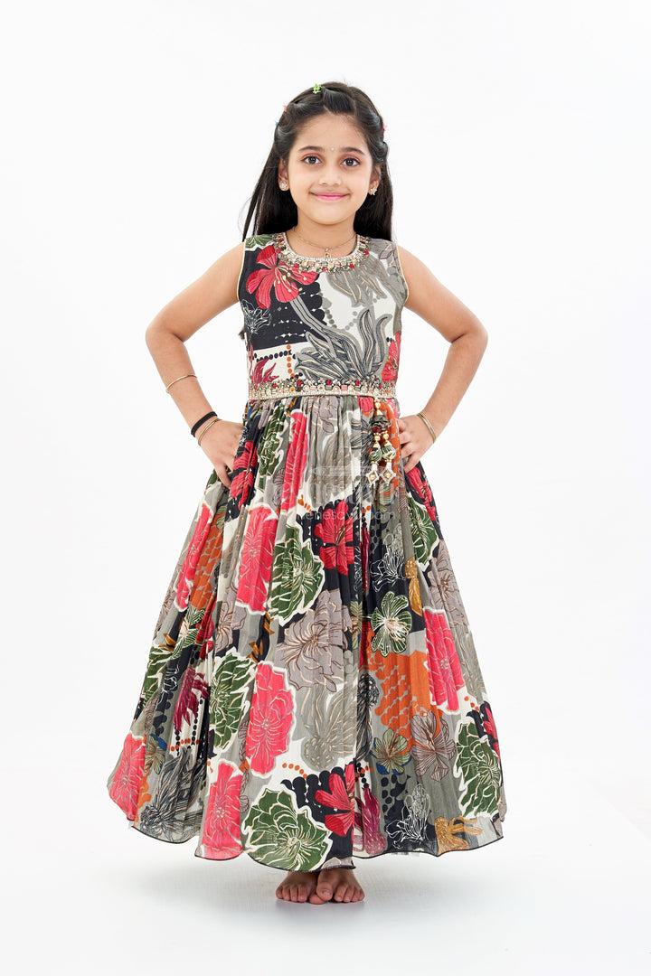 The Nesavu Girls Silk Gown Girls Black Sequin Evening Gown with Digital Floral Print and Embroidered Waist Belt Nesavu Nesavu Girls Black Sequin Evening Gown Floral Digital Print Embellished Waist Belt