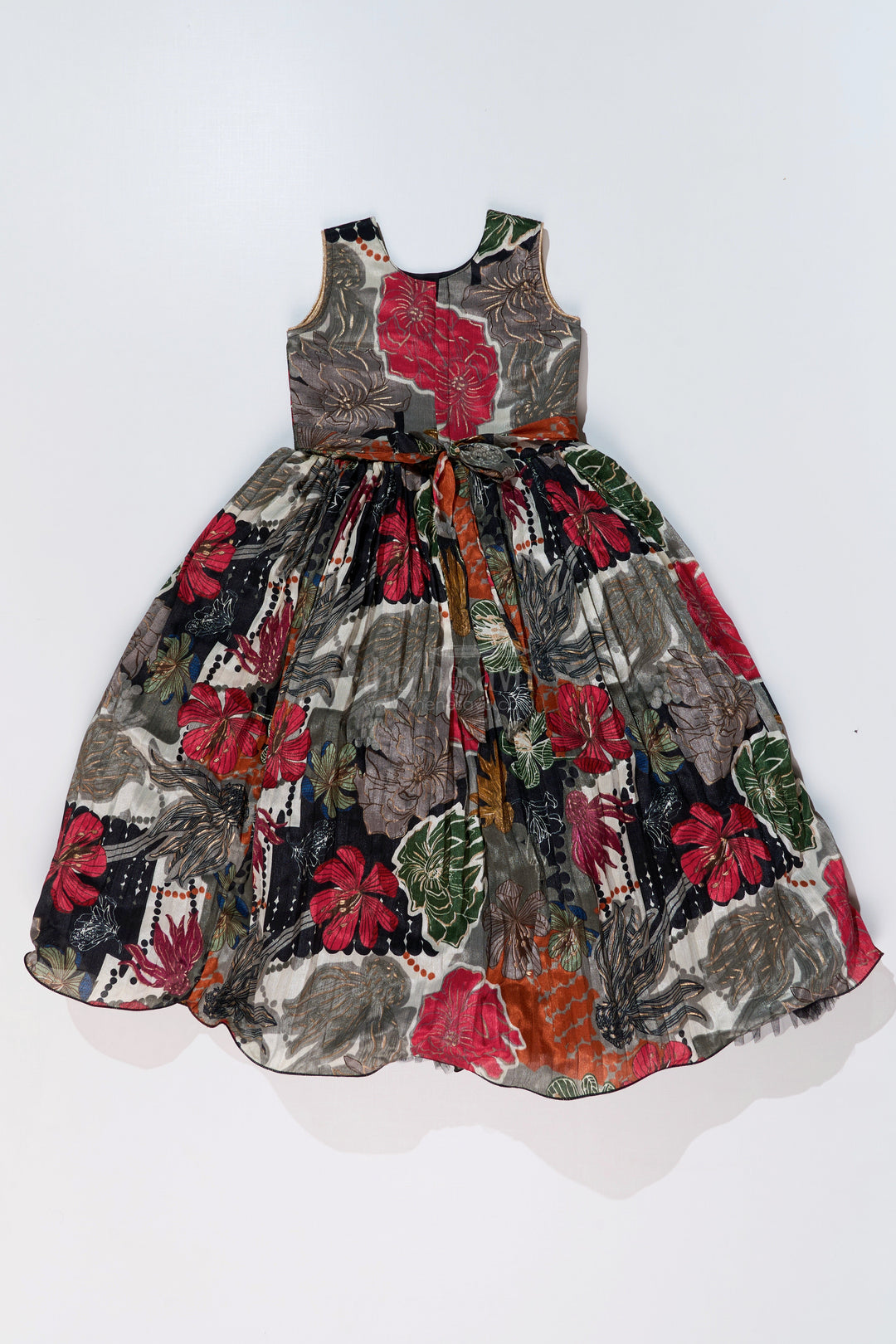The Nesavu Girls Silk Gown Girls Black Sequin Evening Gown with Digital Floral Print and Embroidered Waist Belt Nesavu Nesavu Girls Black Sequin Evening Gown Floral Digital Print Embellished Waist Belt