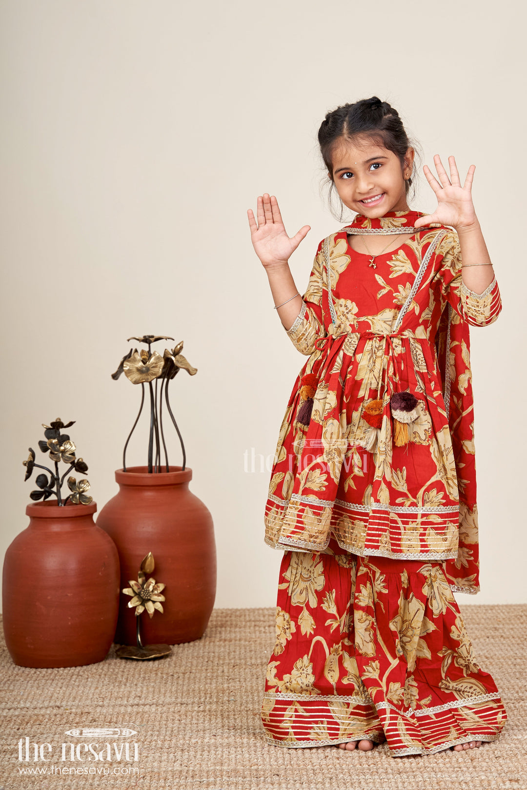 The Nesavu Girls Sharara / Plazo Set Girls block printed plazo set with festive tassel kurti Nesavu 16 (1Y) / Maroon GPS835A-16 Nesavu girls block printed plazo set tassels  ethnic outfit weddings festive events