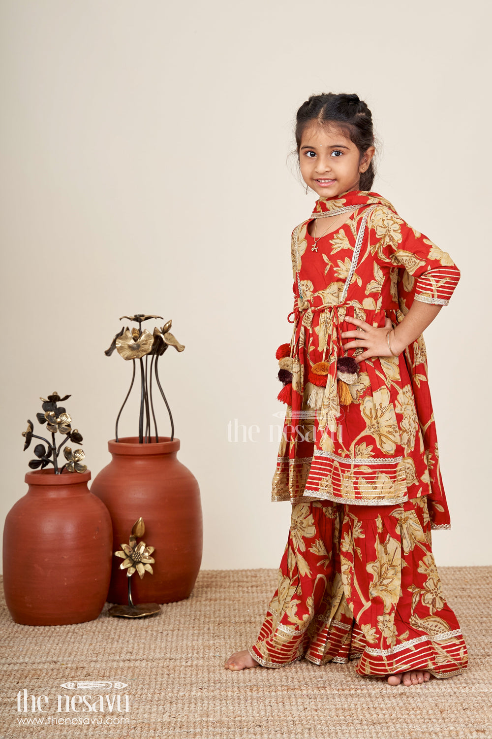 The Nesavu Girls Sharara / Plazo Set Girls block printed plazo set with festive tassel kurti Nesavu Nesavu girls block printed plazo set tassels  ethnic outfit weddings festive events