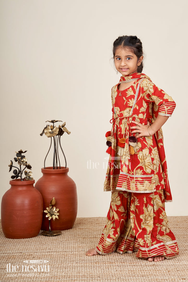 The Nesavu Girls Sharara / Plazo Set Girls block printed plazo set with festive tassel kurti Nesavu Nesavu girls block printed plazo set tassels  ethnic outfit weddings festive events