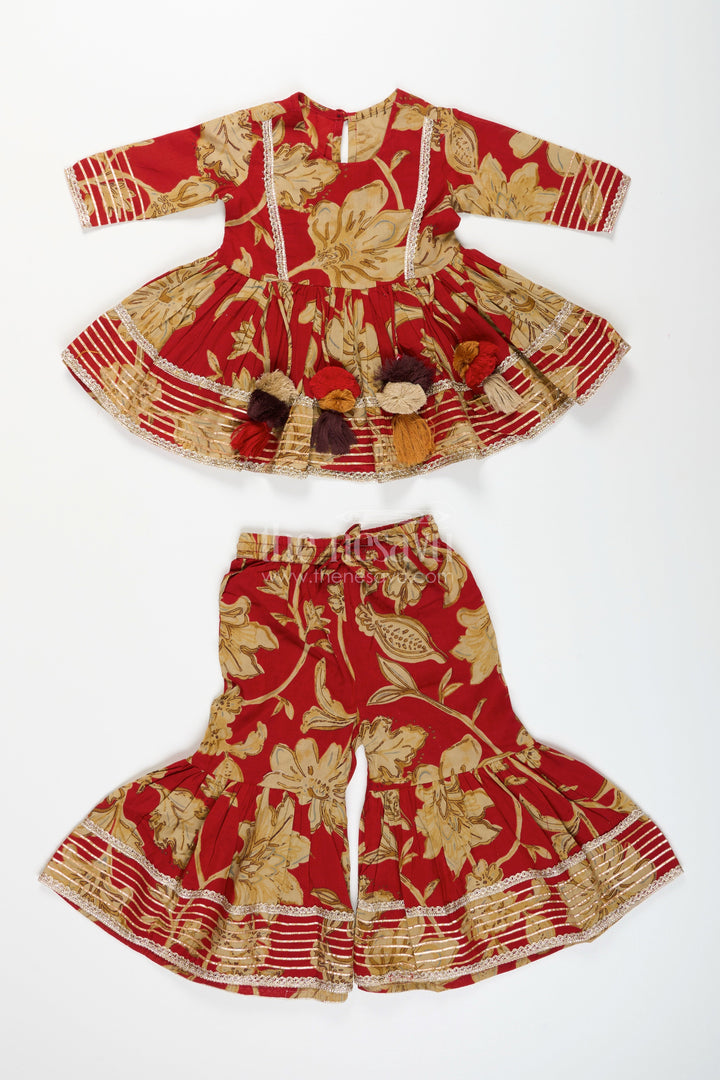 The Nesavu Girls Sharara / Plazo Set Girls block printed plazo set with festive tassel kurti Nesavu Nesavu girls block printed plazo set tassels  ethnic outfit weddings festive events