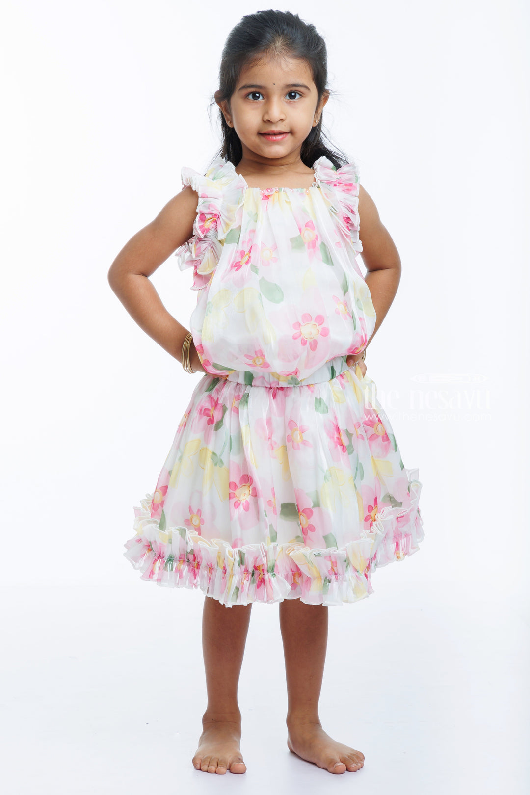 The Nesavu Baby Casual Sets Girls Blossom Pink Ruffle Top and Skirt Set - Playful Elegance Nesavu 18 (2Y) / Pink / Organza Printed BFJ538B-18 Chic Girls Pink Floral Ruffle Top and Skirt Set for Festive Fun | The Nesavu