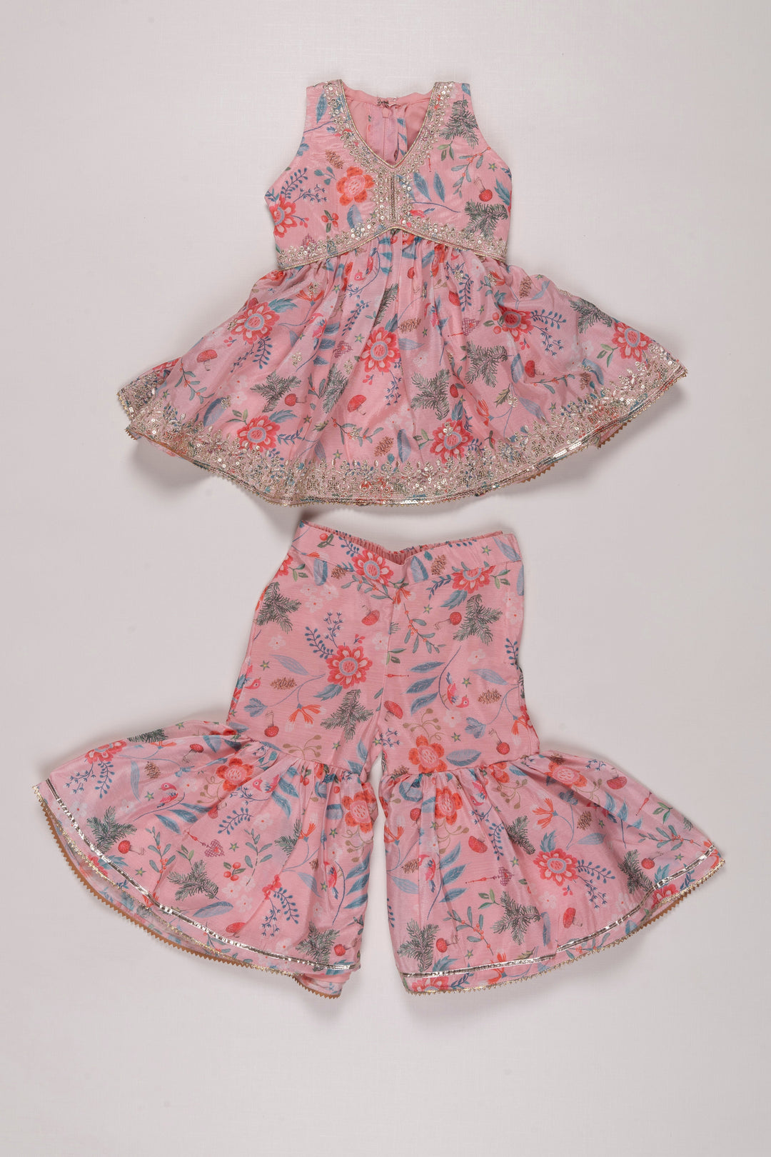 The Nesavu Girls Sharara / Plazo Set Girls Blossom Pink Sharara Set with Sparkling Accents - Floral Fantasy Collection Nesavu 16 (1Y) / Pink GPS265B-16 Floral Sharara Set for Girls | Sparkly Pink Festive Outfit | The Nesavu