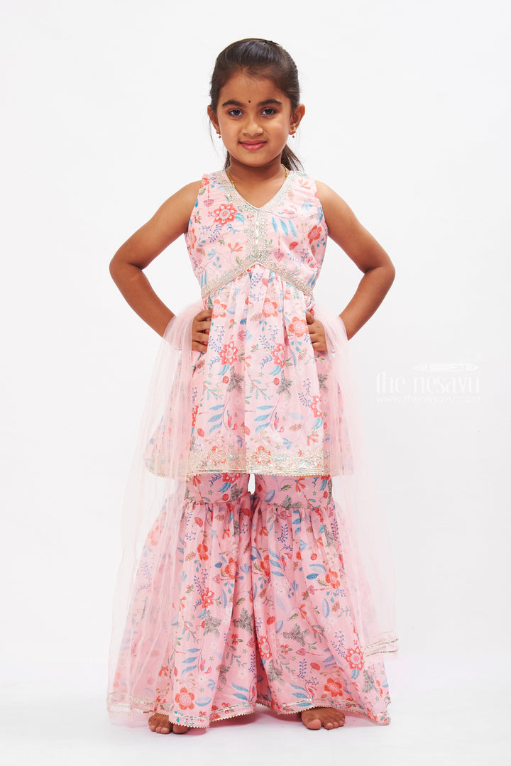 The Nesavu Girls Sharara / Plazo Set Girls Blossom Pink Sharara Set with Sparkling Accents - Floral Fantasy Collection Nesavu 16 (1Y) / Pink GPS265B-16 Floral Sharara Set for Girls | Sparkly Pink Festive Outfit | The Nesavu