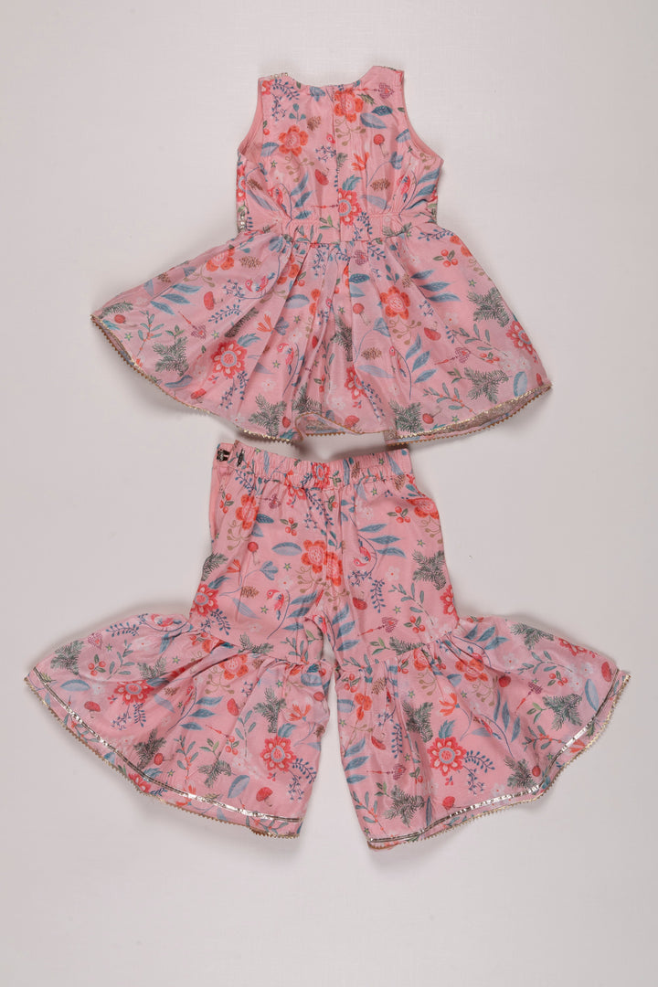 The Nesavu Girls Sharara / Plazo Set Girls Blossom Pink Sharara Set with Sparkling Accents - Floral Fantasy Collection Nesavu Floral Sharara Set for Girls | Sparkly Pink Festive Outfit | The Nesavu