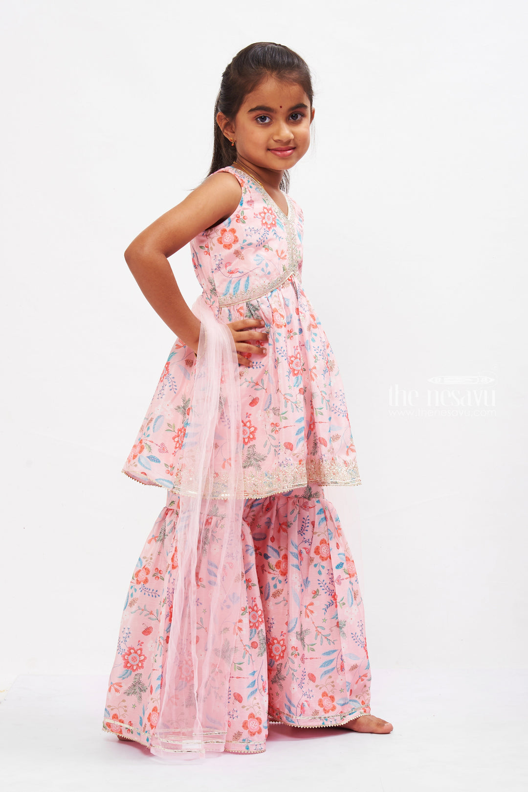 The Nesavu Girls Sharara / Plazo Set Girls Blossom Pink Sharara Set with Sparkling Accents - Floral Fantasy Collection Nesavu Floral Sharara Set for Girls | Sparkly Pink Festive Outfit | The Nesavu