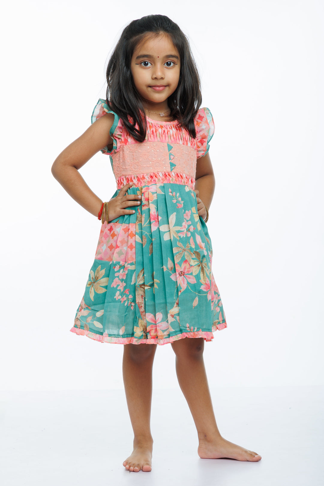 The Nesavu Girls Cotton Frock Girls Blossom Pleated Cotton Frock with Chikan Embroidery Nesavu 22 (4Y) / Green / Cotton GFC1269A-22 Daily Wear Chic Cotton Floral Dress for Kids | Summer Fashion Essentials | The Nesavu