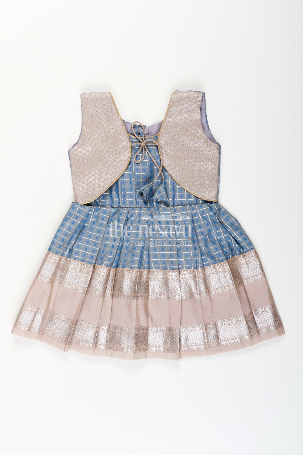 The Nesavu Girls Kanchi Silk Frock Girls blue and beige semi Kanchivaram silk frock with jacket Nesavu 14 (6M) / Gray / Style 1 SF1001AA-14 Nesavu girls blue and beige semi Kanchivaram silk frock with detachable brocade jacket