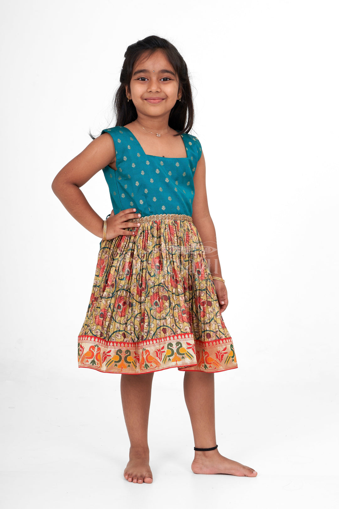 The Nesavu Silk Frock Girls Blue and Multicolor Pleated Silk Frock Type Dress with Bird Motif Hem Nesavu 14 (6M) / Multicolor SF944A-14 Nesavu Girls Blue Silk Frock Type Dress Pleated Floral Skirt Bird Motif Border