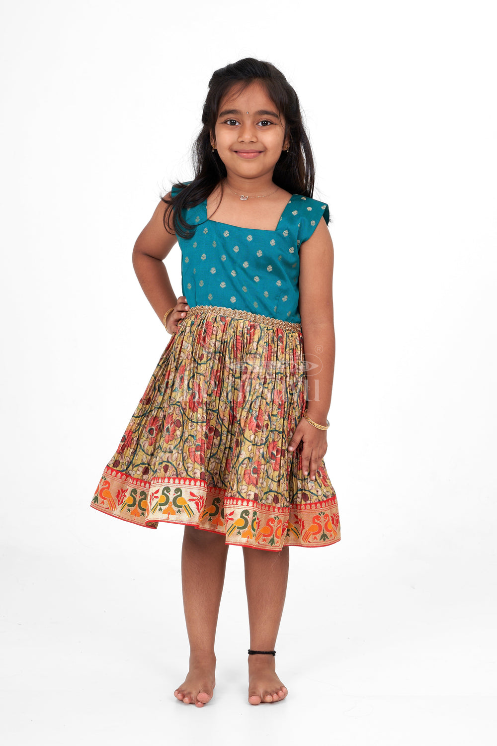 The Nesavu Silk Frock Girls Blue and Multicolor Pleated Silk Frock Type Dress with Bird Motif Hem Nesavu Nesavu Girls Blue Silk Frock Type Dress Pleated Floral Skirt Bird Motif Border