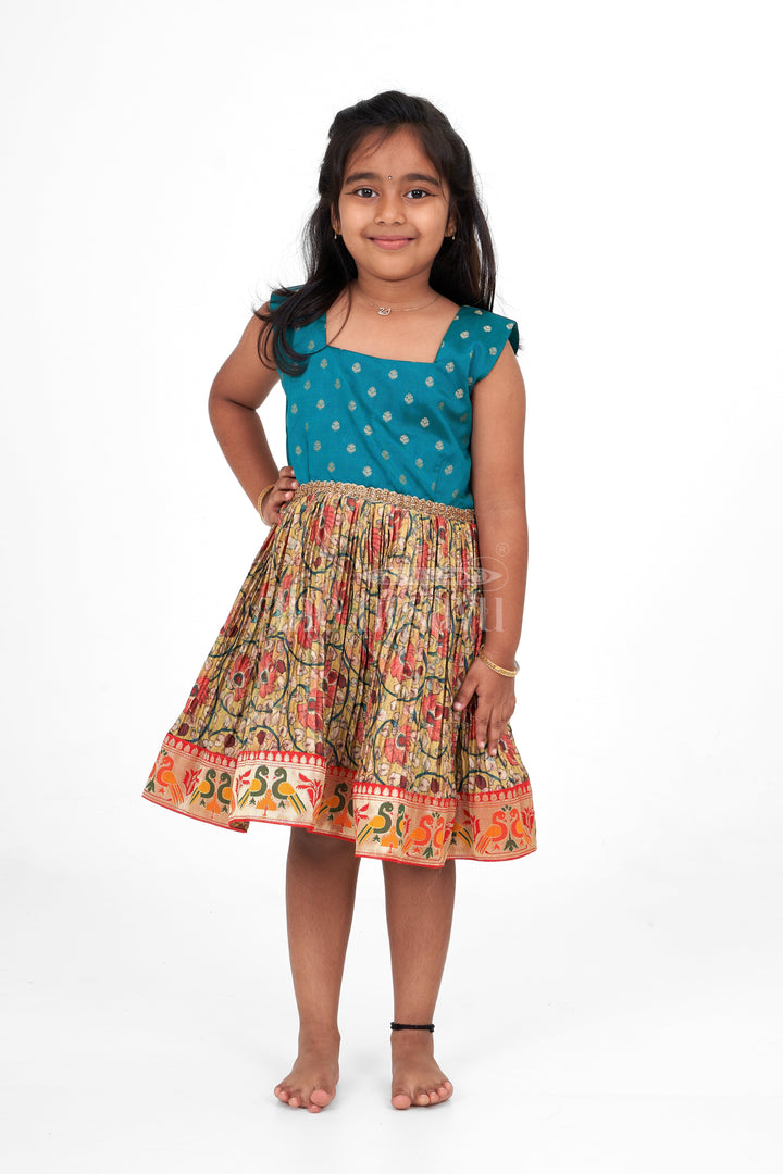 The Nesavu Silk Frock Girls Blue and Multicolor Pleated Silk Frock Type Dress with Bird Motif Hem Nesavu Nesavu Girls Blue Silk Frock Type Dress Pleated Floral Skirt Bird Motif Border