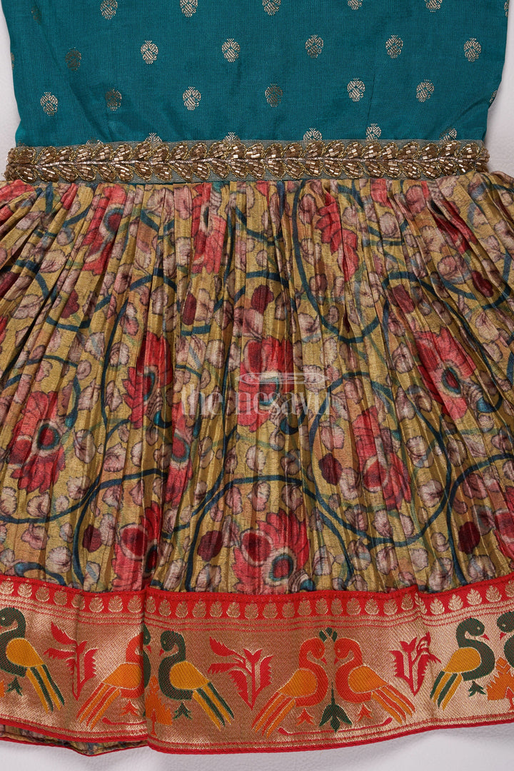 The Nesavu Silk Frock Girls Blue and Multicolor Pleated Silk Frock Type Dress with Bird Motif Hem Nesavu Nesavu Girls Blue Silk Frock Type Dress Pleated Floral Skirt Bird Motif Border