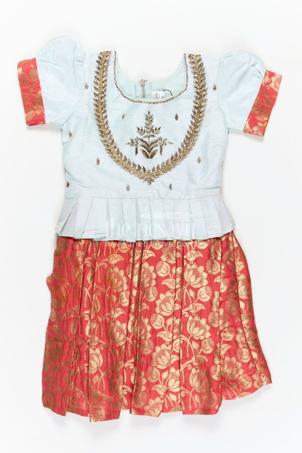 The Nesavu Silk Frock Girls Blue and Red Silk Frock with Embroidery and Golden Floral Pleats in new model pattu frock Style Nesavu 16 (1Y) / Red SF782C-16 Nesavu Girls Blue Red Silk Frock Banarasi Pleats Embroidery new model pattu frock