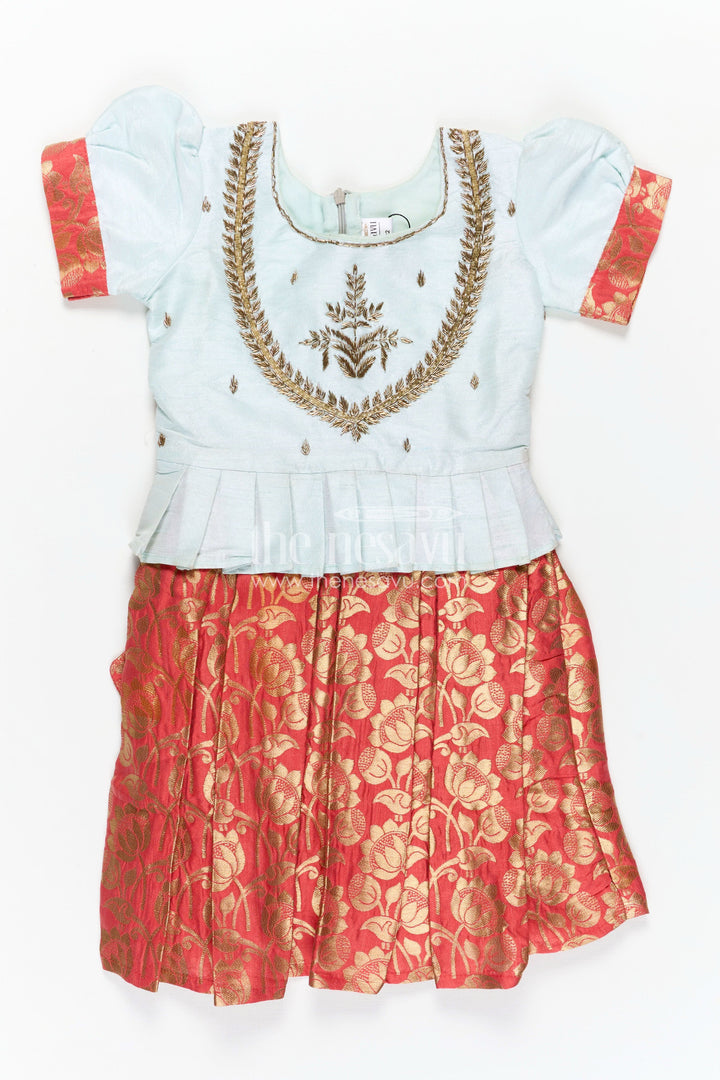 The Nesavu Silk Frock Girls Blue and Red Silk Frock with Embroidery and Golden Floral Pleats in new model pattu frock Style Nesavu 16 (1Y) / Red SF782C-16 Nesavu Girls Blue Red Silk Frock Banarasi Pleats Embroidery new model pattu frock