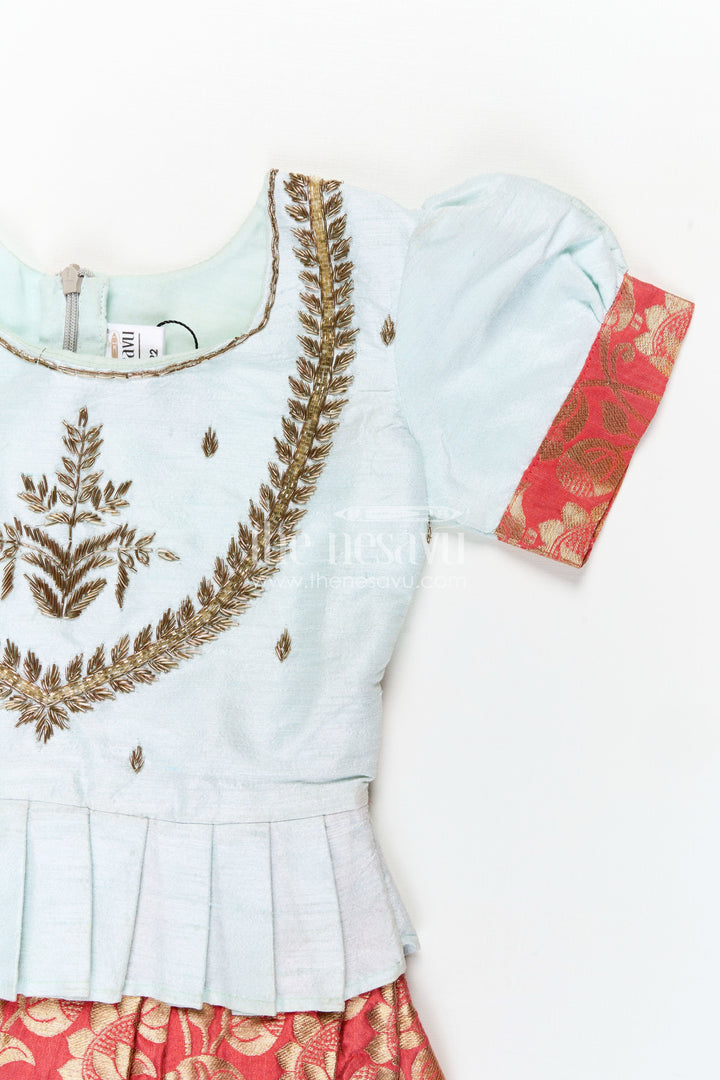 The Nesavu Silk Frock Girls Blue and Red Silk Frock with Embroidery and Golden Floral Pleats in new model pattu frock Style Nesavu Nesavu Girls Blue Red Silk Frock Banarasi Pleats Embroidery new model pattu frock