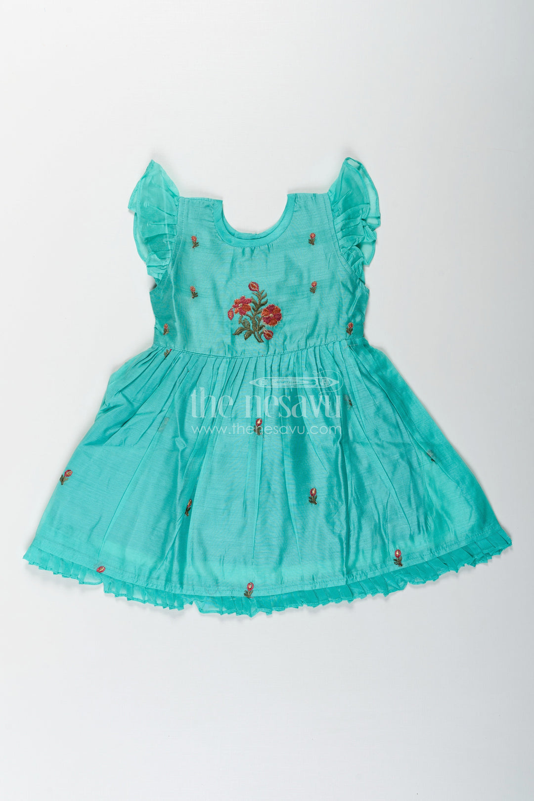 The Nesavu Girls Chanderi Frock Girls Blue Colour Frock Suit in Chanderi with Bold Floral Embroidery and Elegant Flutter Sleeves Nesavu Nesavu Girls Blue Colour Frock Suit Chanderi Fabric Bold Floral Embroidery Flutter Sleeves