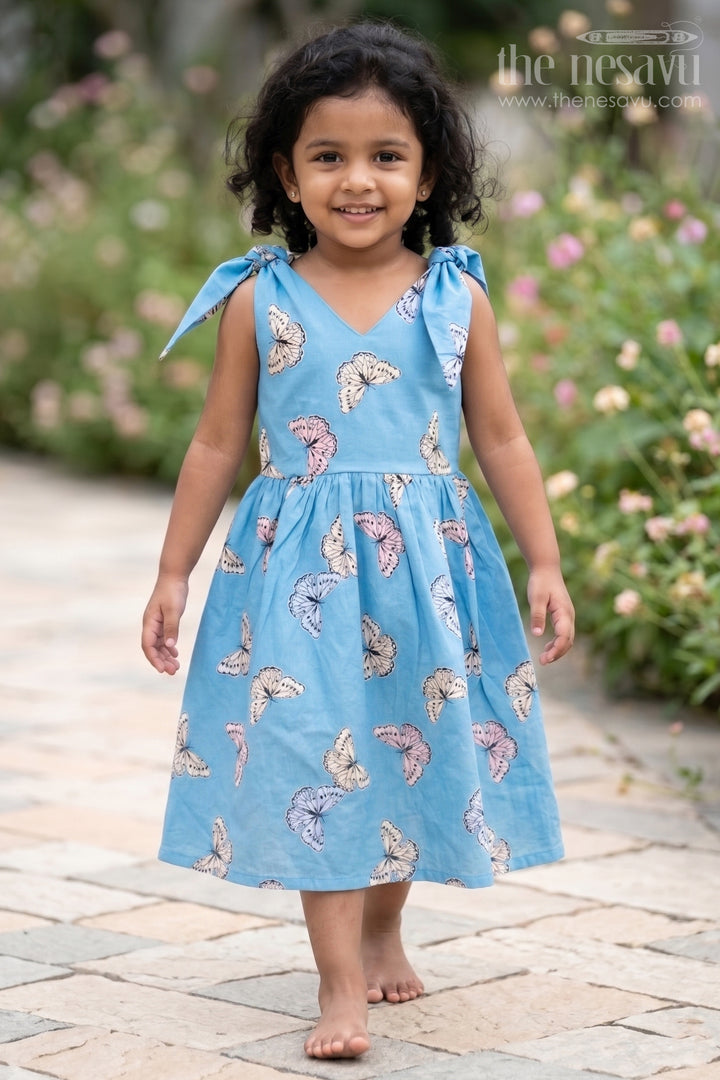 The Nesavu Girls Cotton Frock Girls Blue Cotton Frock with Butterfly Digital Print Ideal for Indian Wear Collection for Toddlers and Kids Nesavu 16 (1Y) / Blue GFC1690A-16 Girls Blue Cotton Frock Butterfly Digital Print Indian Wear Collection Festive Comfort | The Nesavu