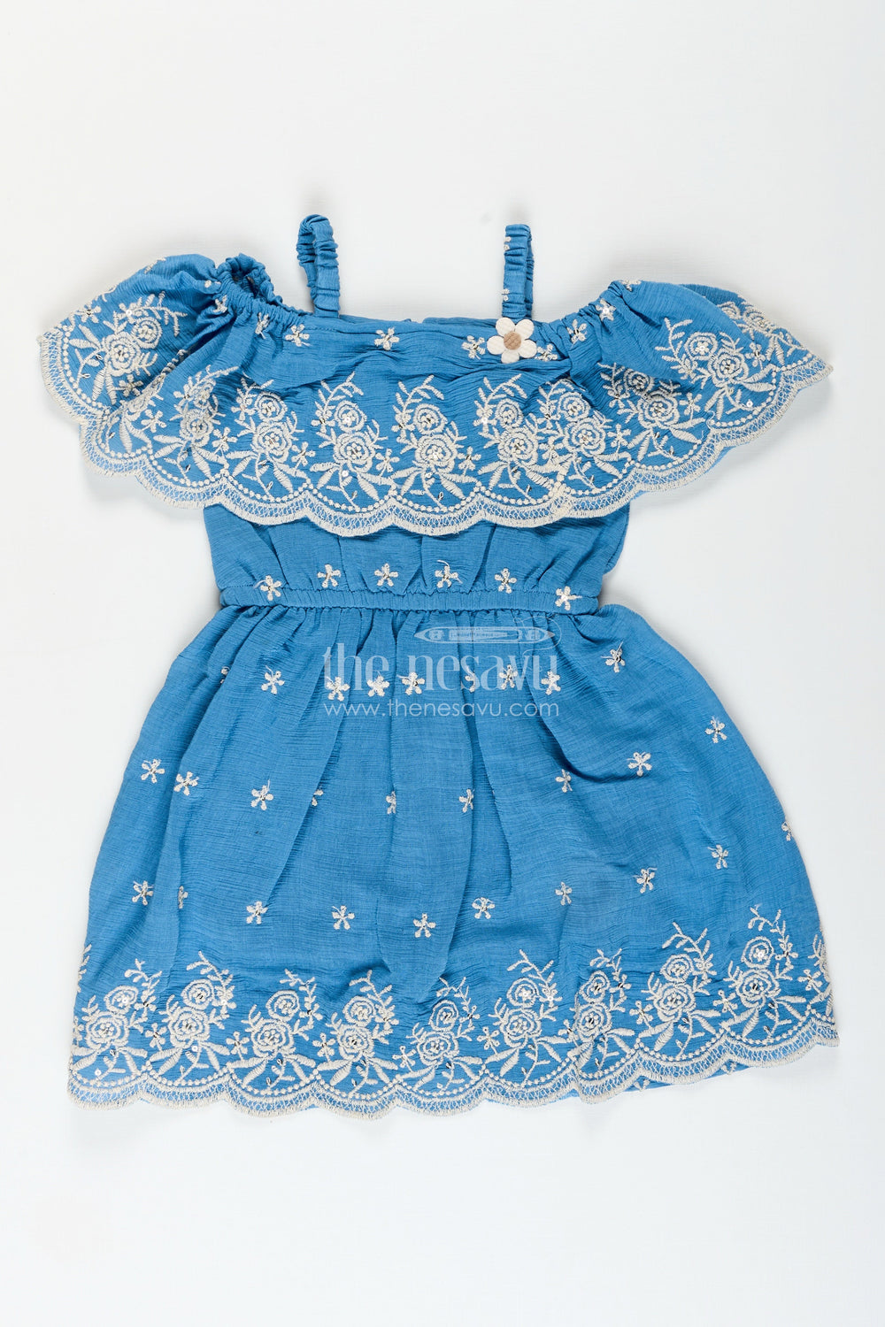 The Nesavu Girls Cotton Frock Girls blue cotton frock with embroidery for birthday and festive wear Nesavu 18 (2Y) / Blue GFC1976A-18 Nesavu girls blue cotton frock thread embroidery birthdays festive occasions