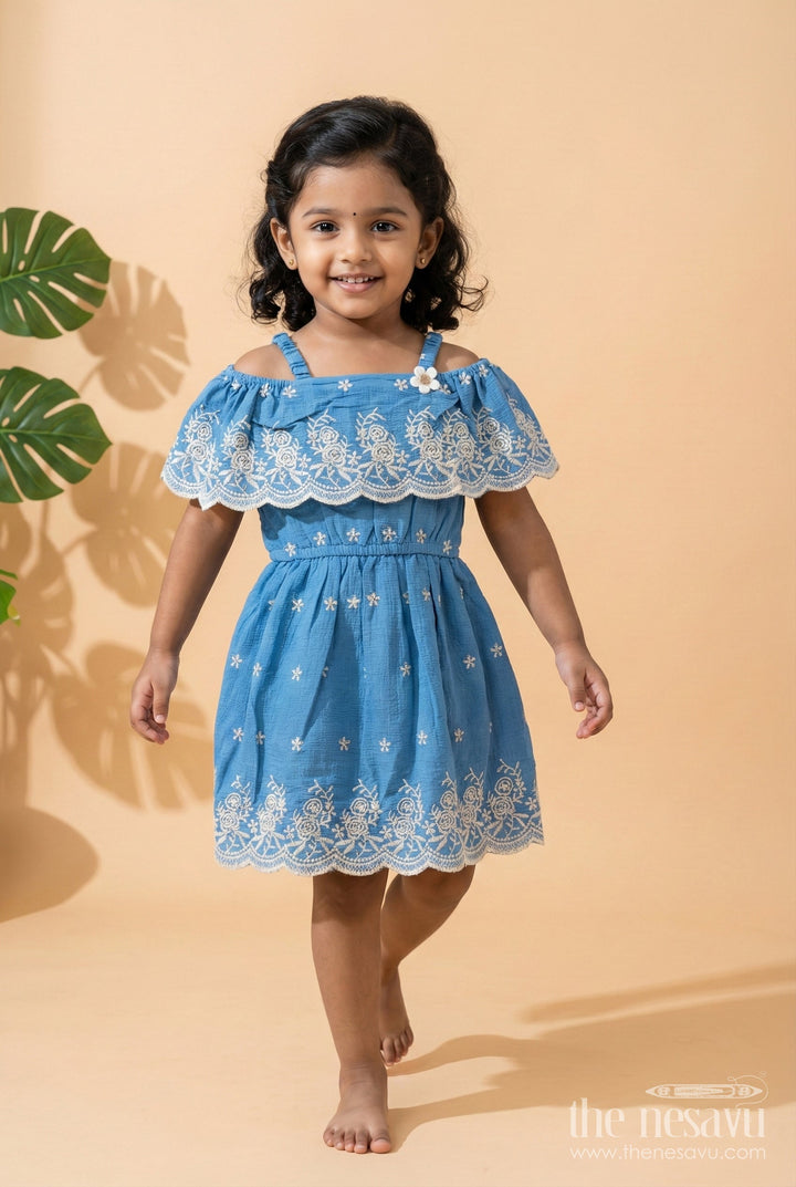 The Nesavu Girls Cotton Frock Girls Blue Cotton Frock with Embroidery for Birthday and Festive Wear Nesavu 18 (2Y) / Blue GFC1976A-18 Nesavu girls blue cotton frock thread embroidery birthdays festive occasions
