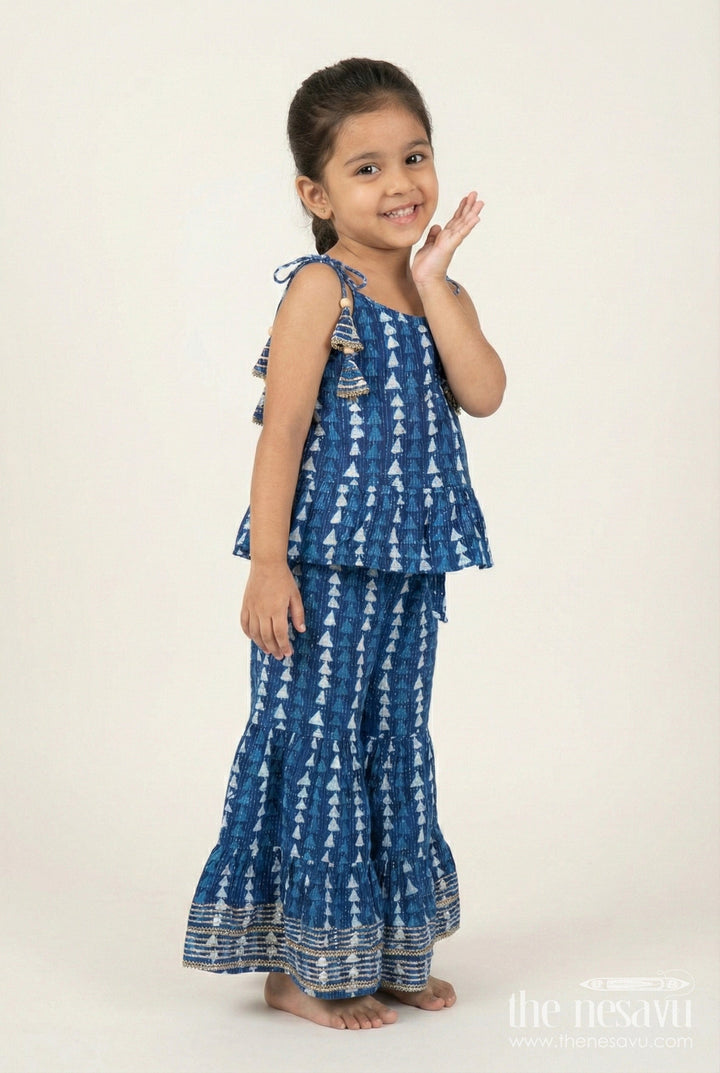 The Nesavu Girls Sharara / Plazo Set Girls Blue Ethnic Cotton Skirt Set with Triangle Print Nesavu 24 (5Y) / Blue GPS714A-24 Nesavu Blue Cotton Ethnic Skirt Set Girls Triangle Print Golden Lace Hem