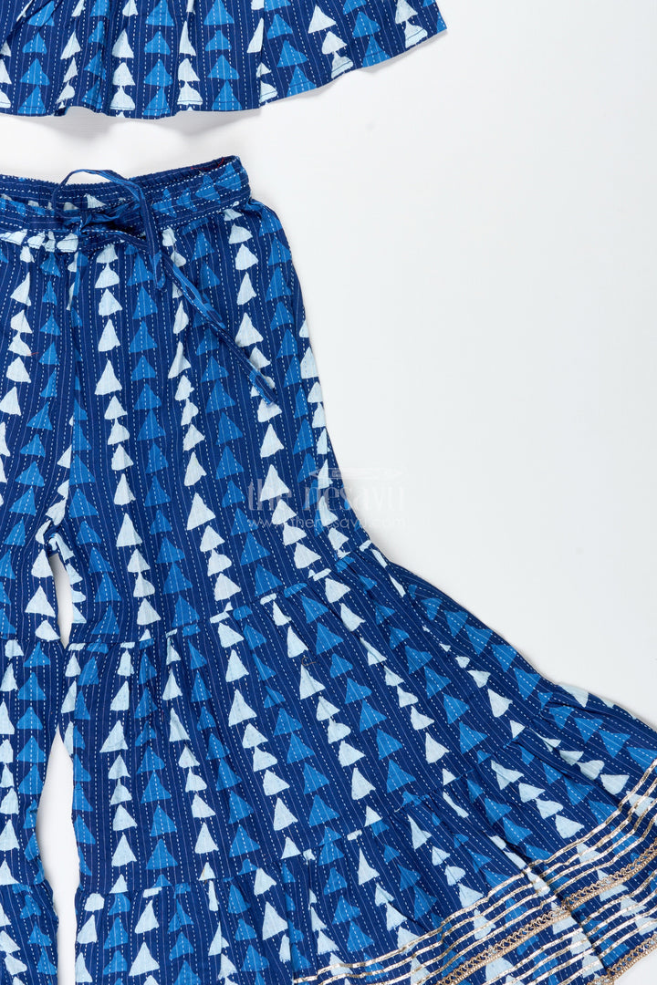 The Nesavu Girls Sharara / Plazo Set Girls Blue Ethnic Cotton Skirt Set with Triangle Print Nesavu Nesavu Blue Cotton Ethnic Skirt Set Girls Triangle Print Golden Lace Hem