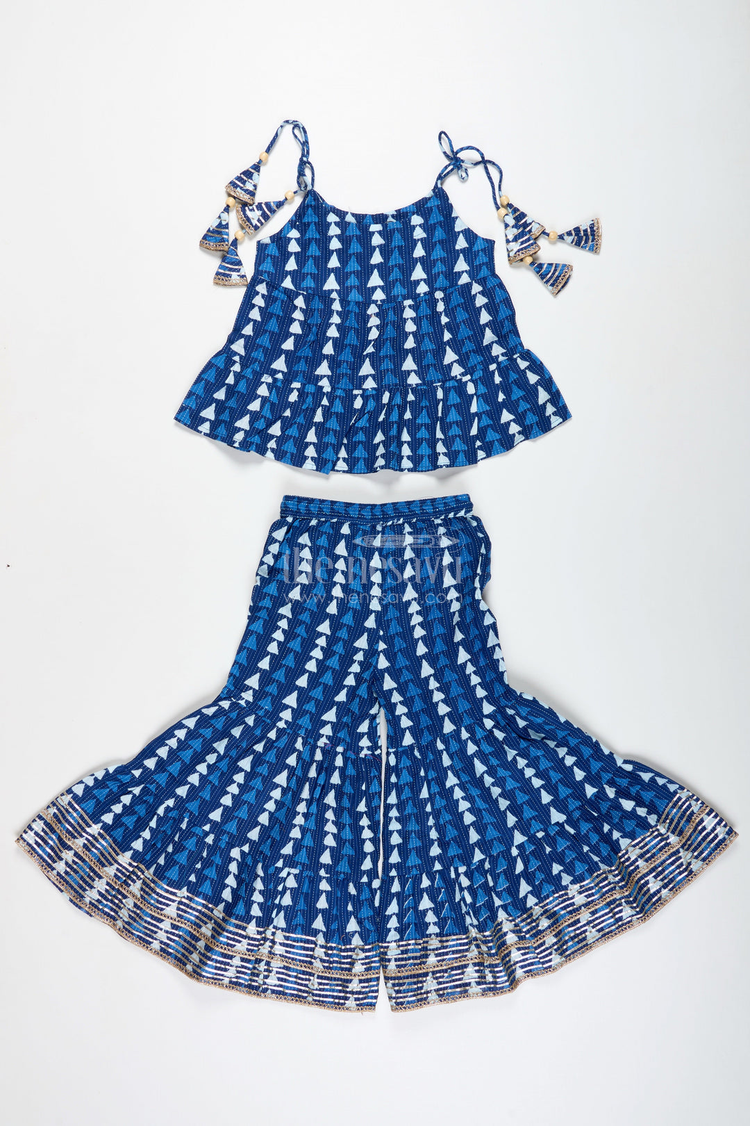 The Nesavu Girls Sharara / Plazo Set Girls Blue Ethnic Cotton Skirt Set with Triangle Print Nesavu Nesavu Blue Cotton Ethnic Skirt Set Girls Triangle Print Golden Lace Hem