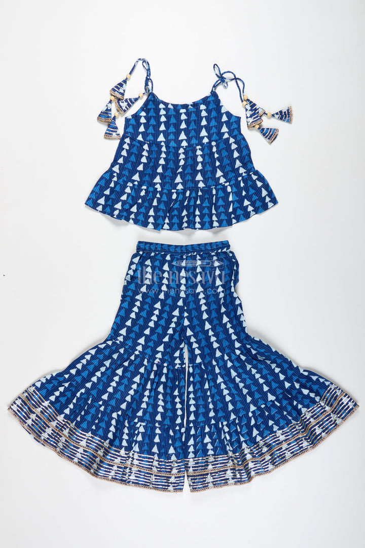 The Nesavu Girls Sharara / Plazo Set Girls Blue Ethnic Cotton Skirt Set with Triangle Print Nesavu Nesavu Blue Cotton Ethnic Skirt Set Girls Triangle Print Golden Lace Hem