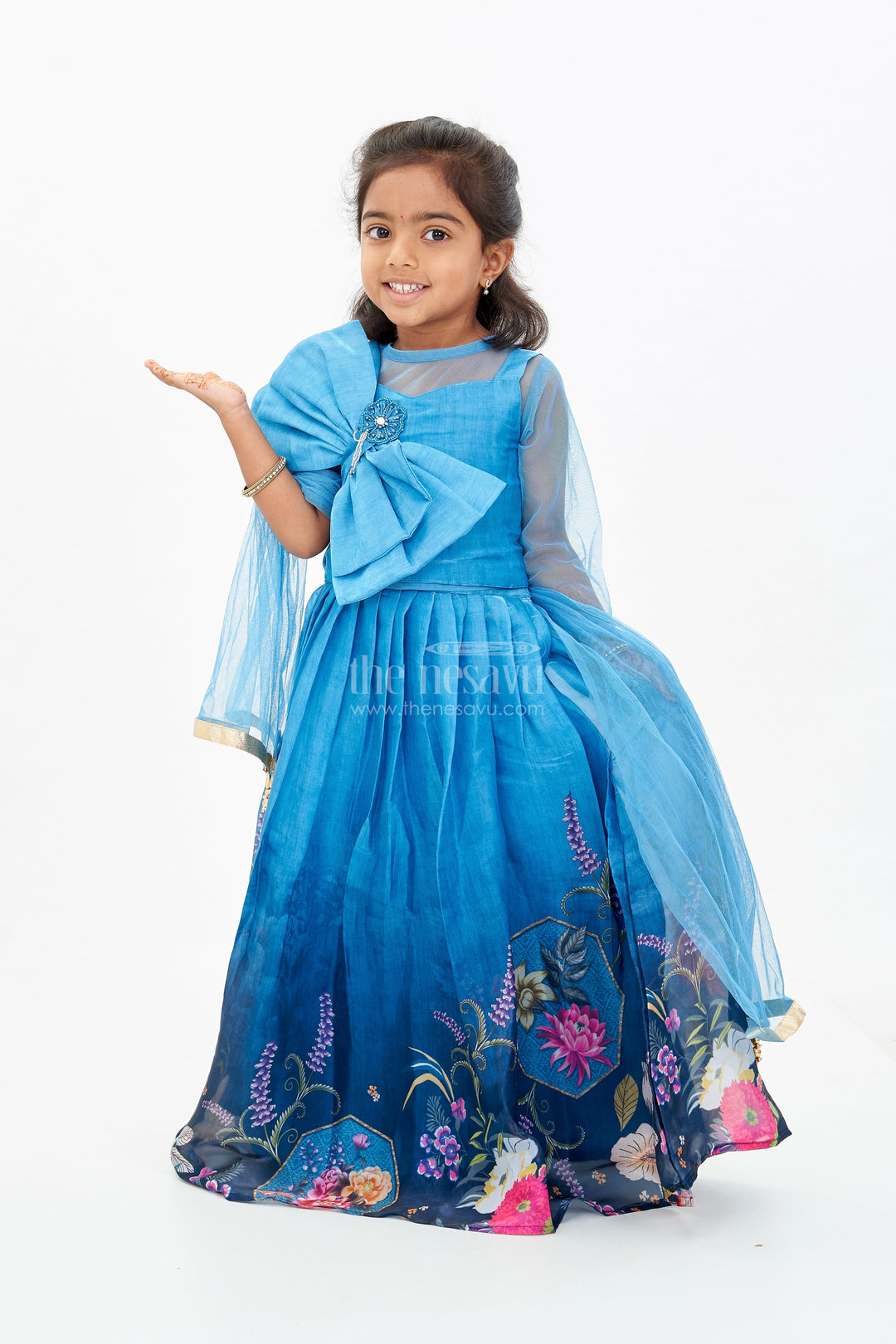 The Nesavu Girls Lehenga Choli Girls Blue Floral Lehenga with Digital Printed Gown and Oversized Bow Detail Nesavu 16 (1Y) / Blue GL576A-16 Nesavu Girls Blue Floral Lehenga Digital Print Statement Bow Choli