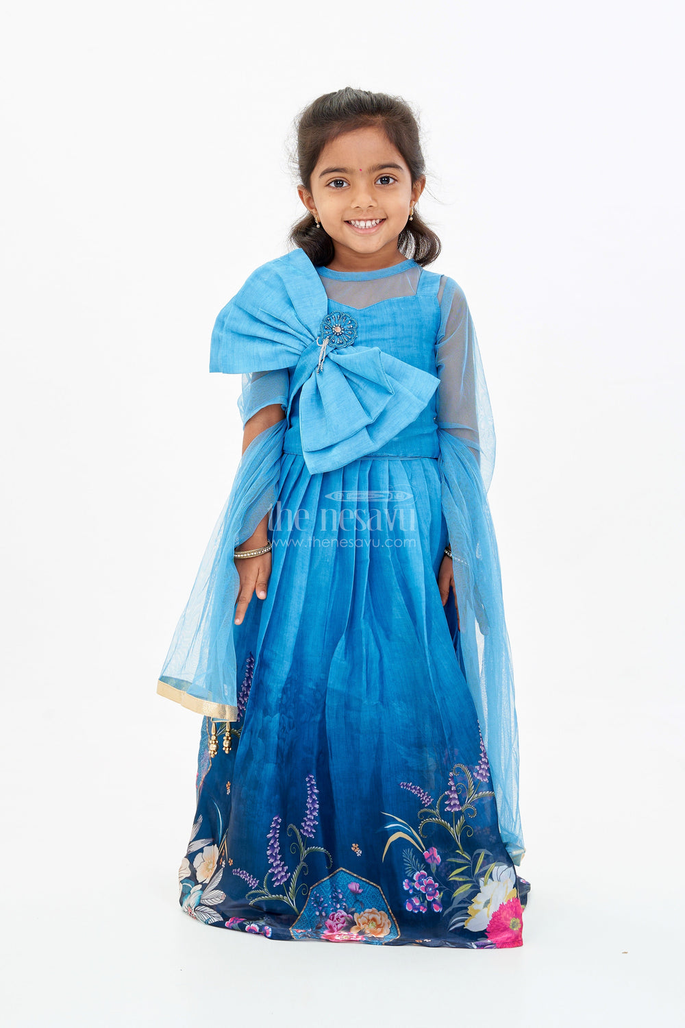 The Nesavu Girls Lehenga Choli Girls Blue Floral Lehenga with Digital Printed Gown and Oversized Bow Detail Nesavu Nesavu Girls Blue Floral Lehenga Digital Print Statement Bow Choli