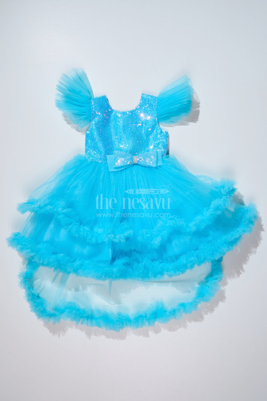 The Nesavu Girls Fancy Party Frock Girls Blue Party Dress with Sequin Bodice and High-Low Ruffled Hem Nesavu Nesavu Girls Blue Party Dress Sparkling Sequin Bodice Ruffled Net Layers