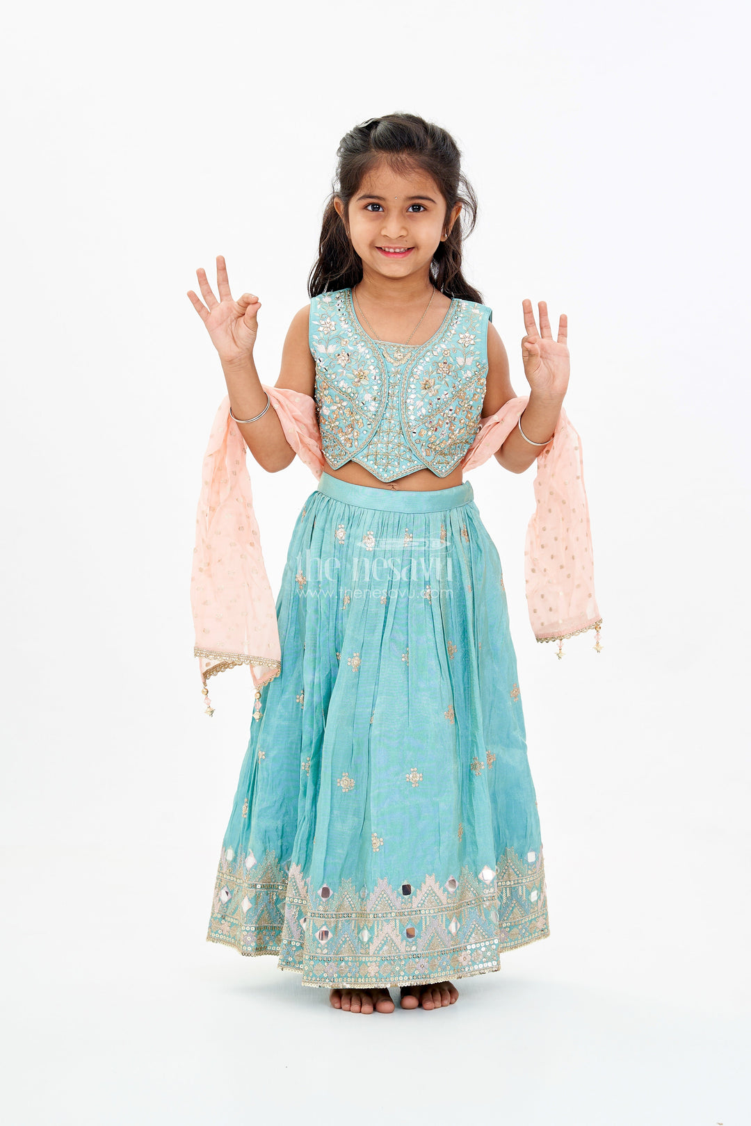 The Nesavu Girls Lehenga Choli Girls Blue Party Lehenga Dress with Embroidered Blouse and Mirror Work Detailing Nesavu 18 (2Y) / Blue GL567B-18 Nesavu Girls Embroidered Blue Party Lehenga Dress Mirror Work Pink Dupatta