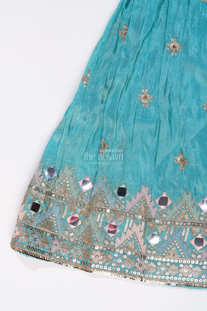 The Nesavu Girls Lehenga Choli Girls Blue Party Lehenga Dress with Embroidered Blouse and Mirror Work Detailing Nesavu Nesavu Girls Embroidered Blue Party Lehenga Dress Mirror Work Pink Dupatta