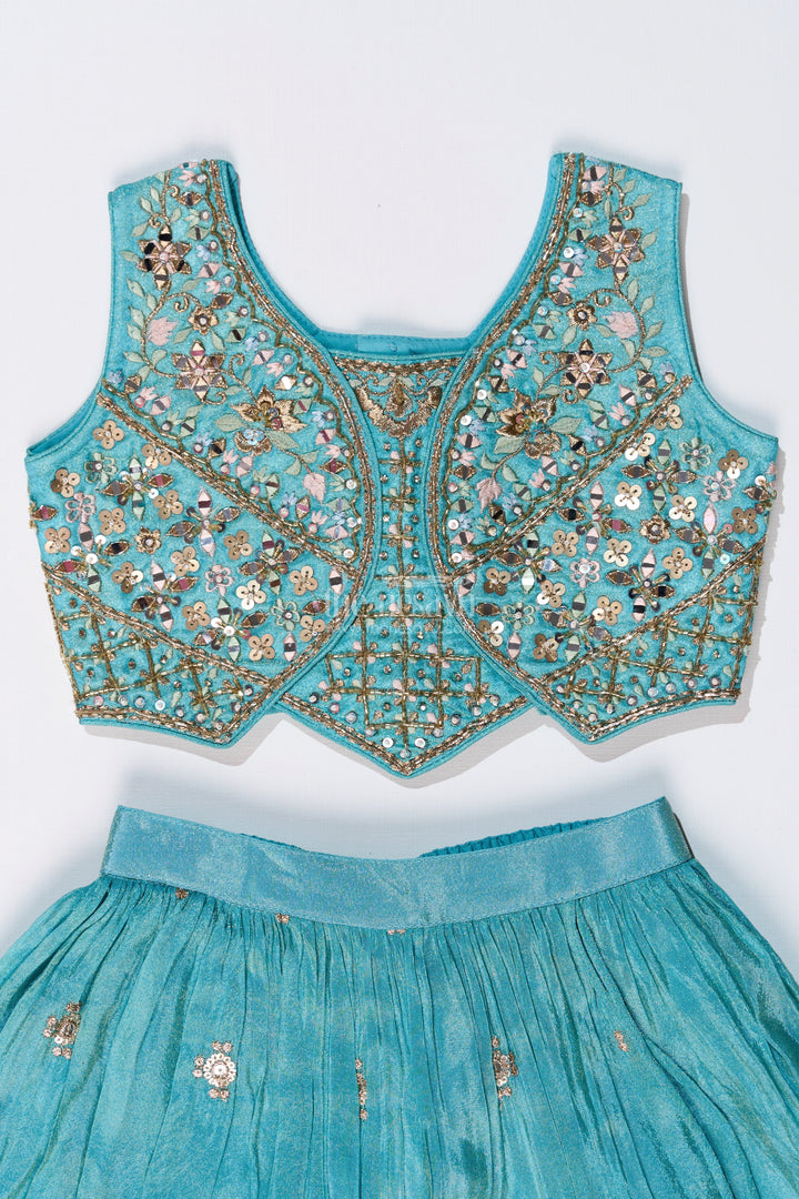 The Nesavu Girls Lehenga Choli Girls Blue Party Lehenga Dress with Embroidered Blouse and Mirror Work Detailing Nesavu Nesavu Girls Embroidered Blue Party Lehenga Dress Mirror Work Pink Dupatta