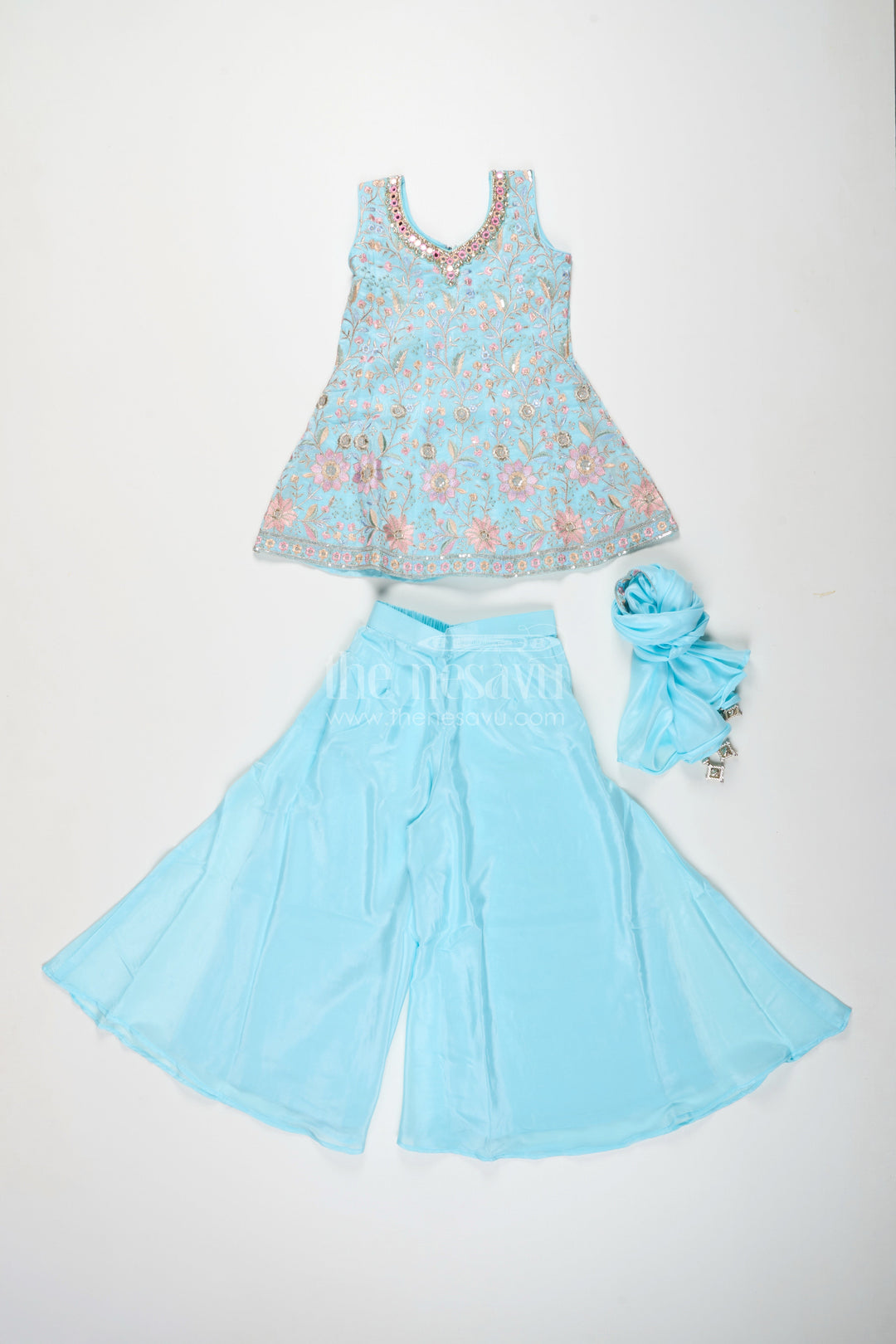 The Nesavu Girls Sharara / Plazo Set Girls blue sharara set with floral embroidery for festive family occasions Nesavu Nesavu girls pastel blue embroidered sharara set  ethnic festive wear naming ceremonies Raksha Bandhan