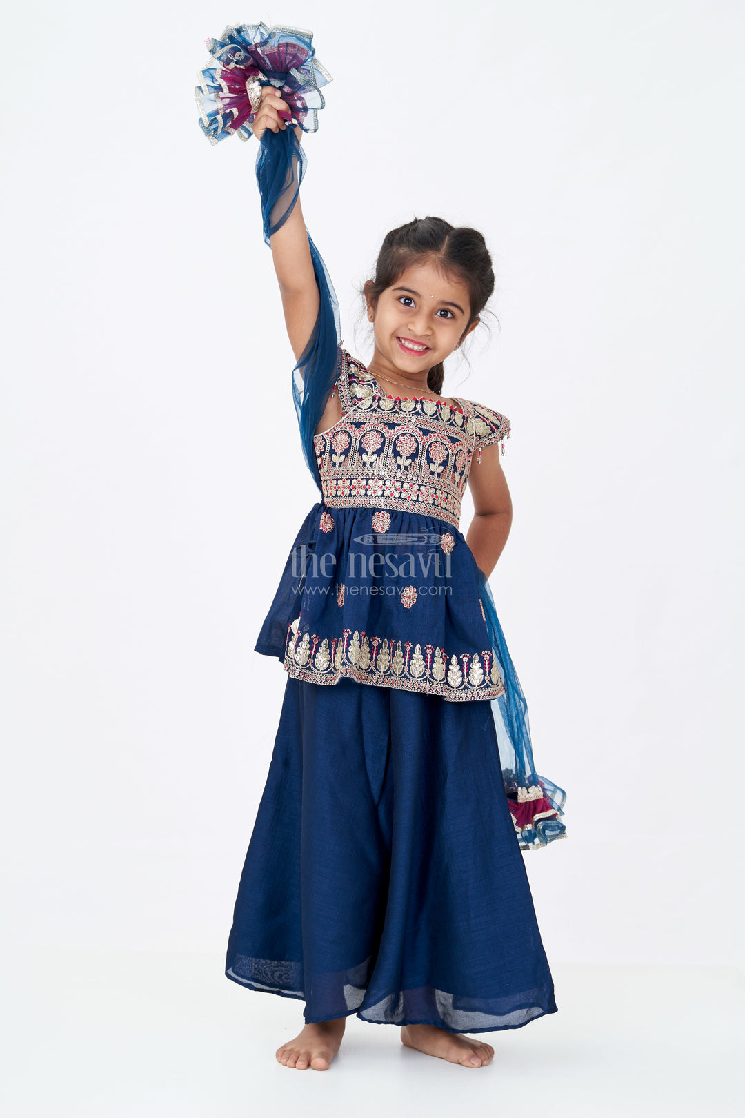 The Nesavu Girls Sharara / Plazo Set Girls Blue Sleeveless Suit Set with Georgette Fabric and Sequin Embroidery for a Regal Ethnic Look Nesavu 16 (1Y) / Blue GPS568A-16 Nesavu Girls Blue Sleeveless Suit Set Georgette Sequin Embroidery Palazzo Pants
