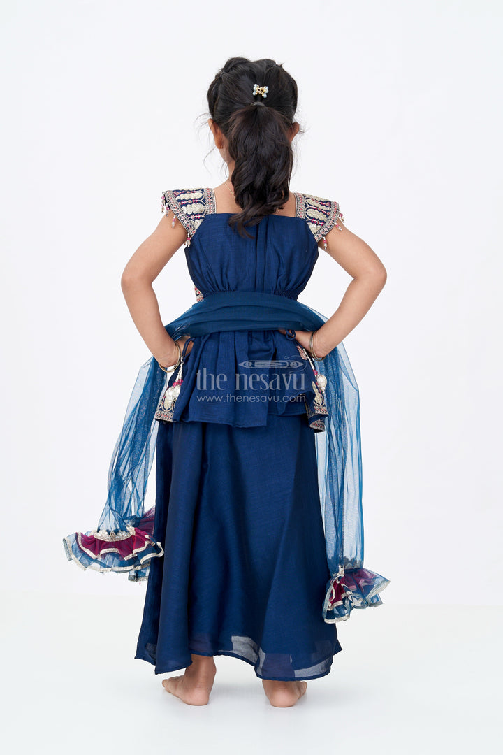 The Nesavu Girls Sharara / Plazo Set Girls Blue Sleeveless Suit Set with Georgette Fabric and Sequin Embroidery for a Regal Ethnic Look Nesavu Nesavu Girls Blue Sleeveless Suit Set Georgette Sequin Embroidery Palazzo Pants