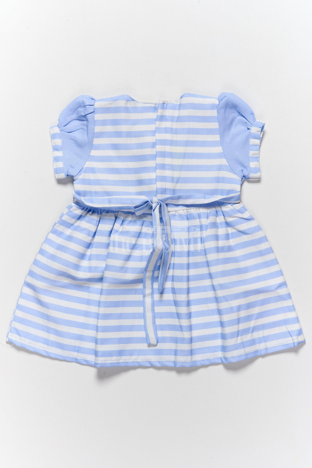 The Nesavu Baby Cotton Frocks Girls Blue Striped Cotton Dress with Peter Pan Collar and Puff Sleeves for Casual Outings Nesavu Nesavu Girls Blue Striped Cotton Dress Peter Pan Collar Puff Sleeves Casual Playdates